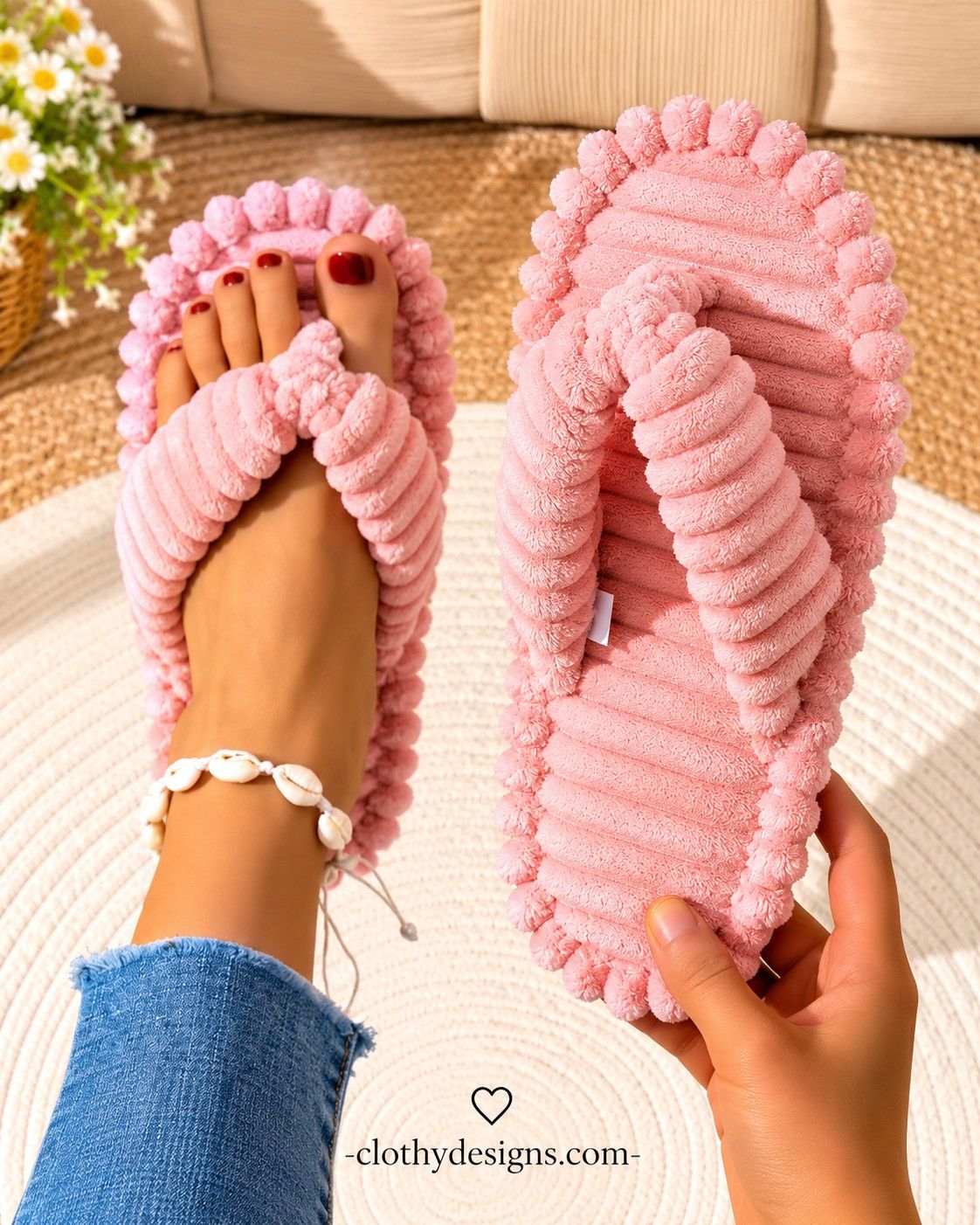 Women's Corduroy Plush House Slippers – Warm Winter Indoor Slides, Soft Flat Sole Flip-Flops